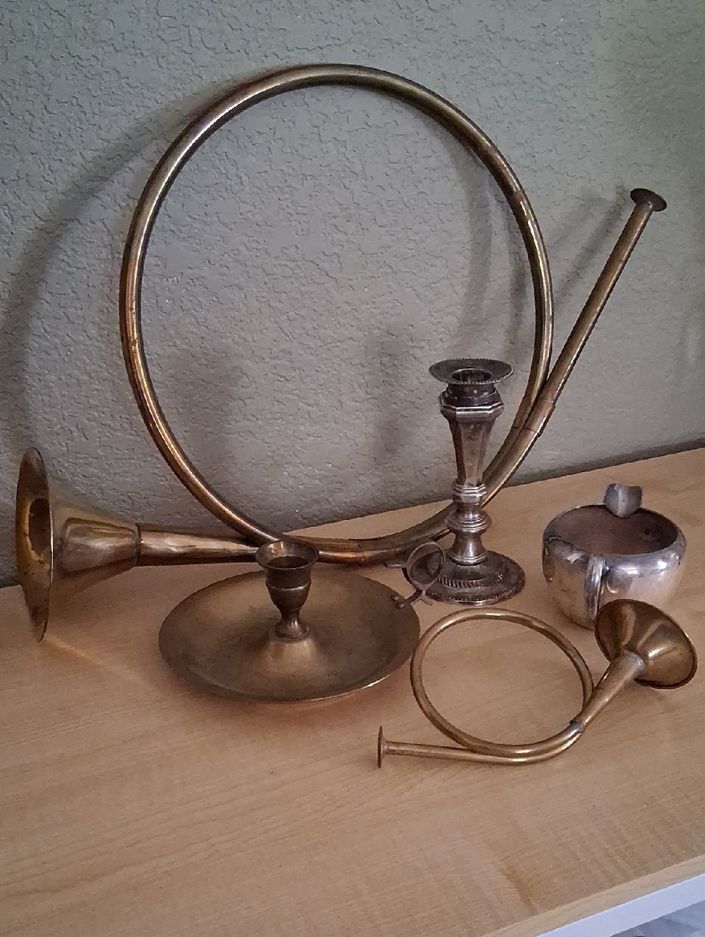 Vintage Brass Horns, Candle Holders, Creamer